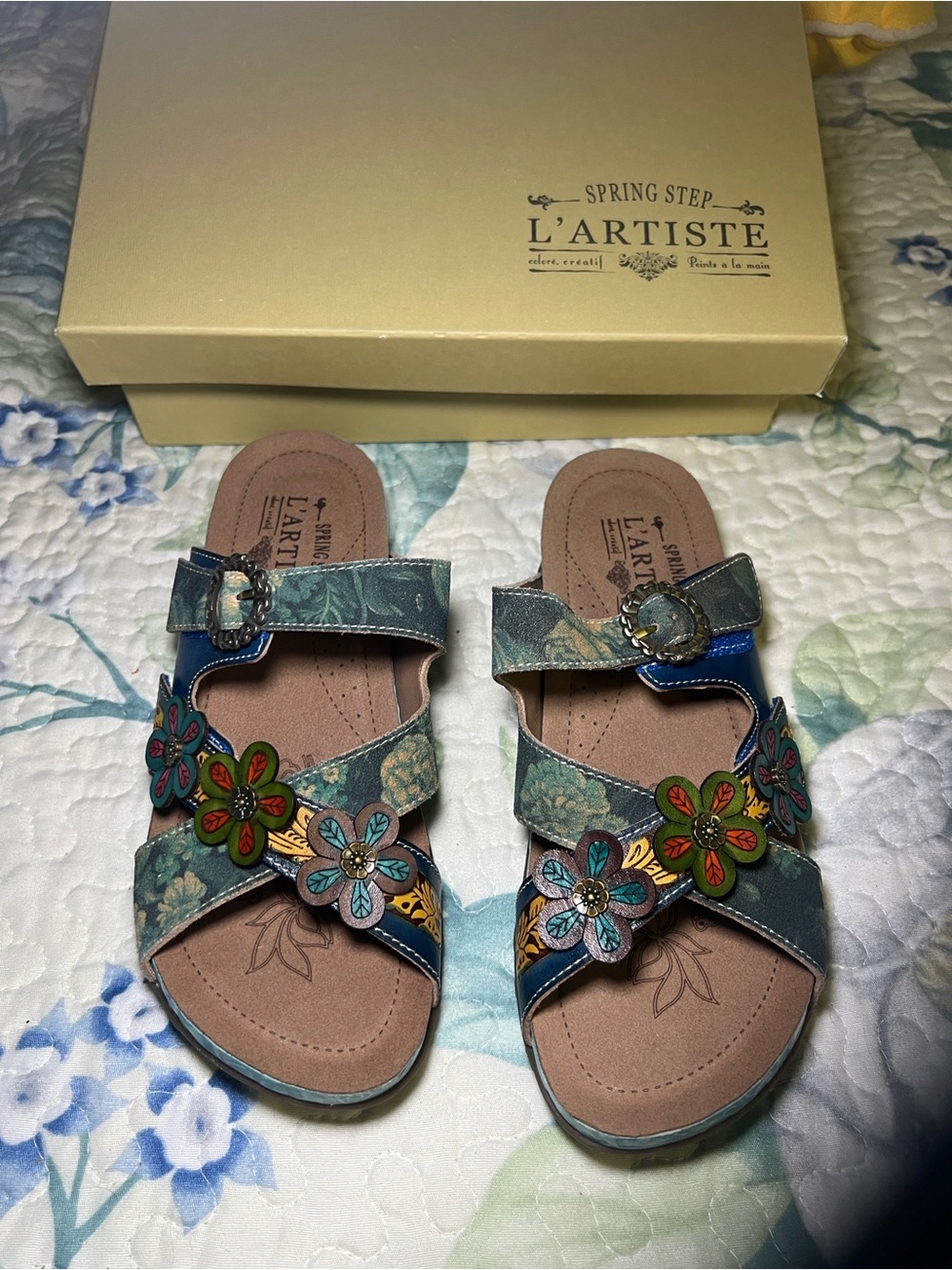 L’artiste Blue Floral Leather Slide Sandals